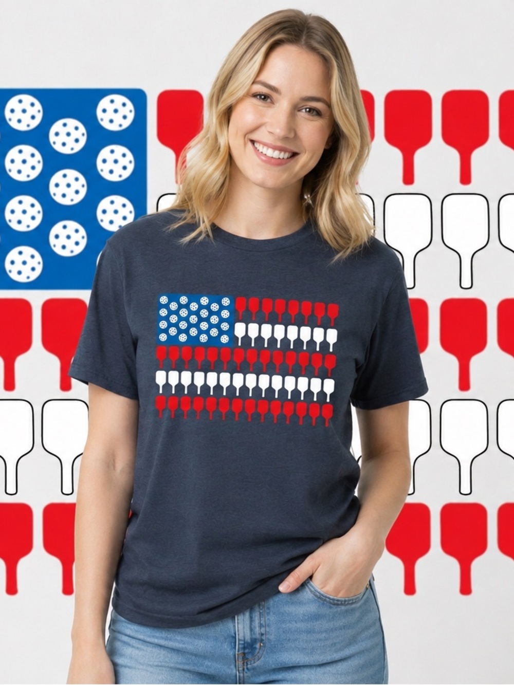 New Navy Pickleball Flag Tee - Red, White & Blue. Unisex